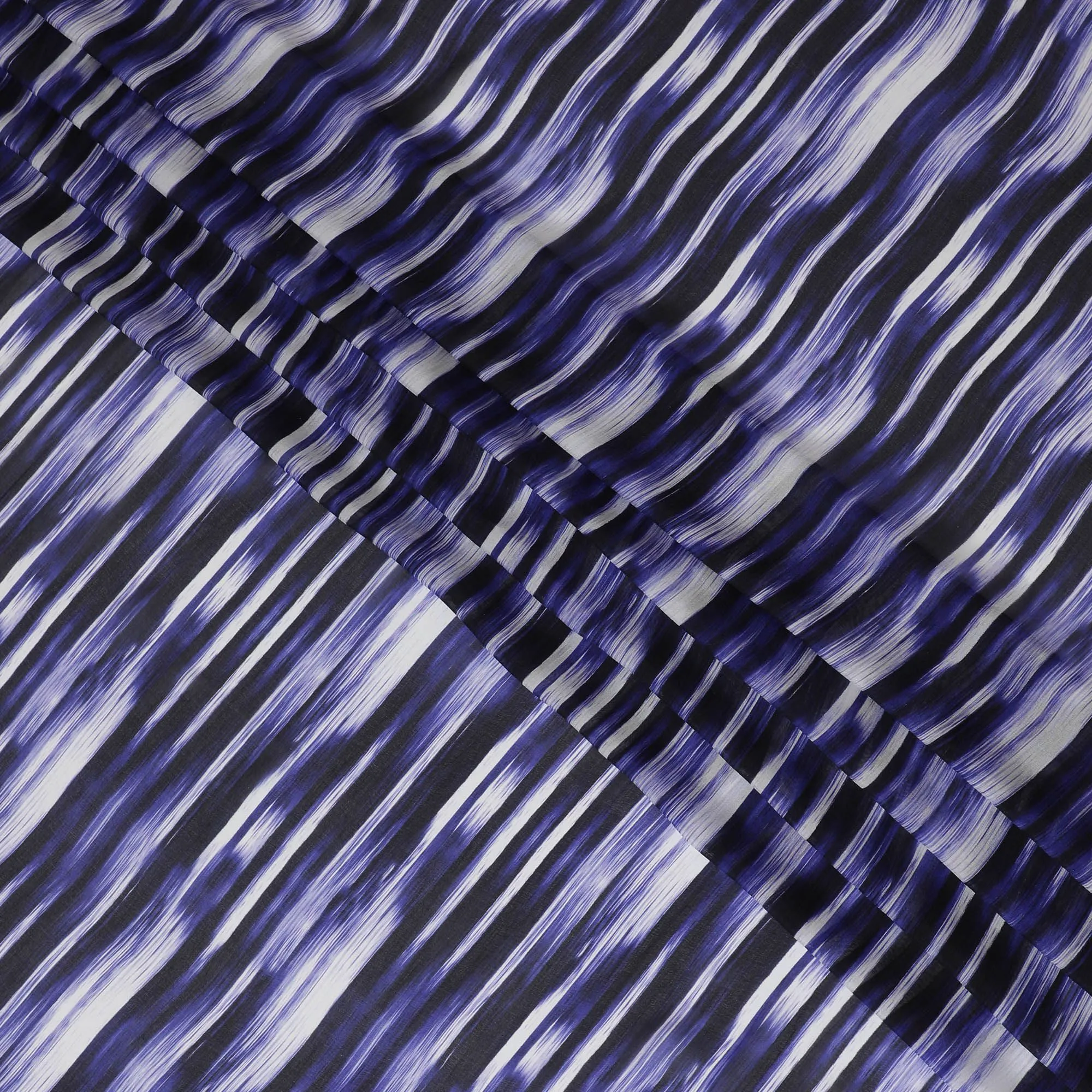 Royal blue Premium pure silk chiffon fabric with grey and black print in stripe design-D16987