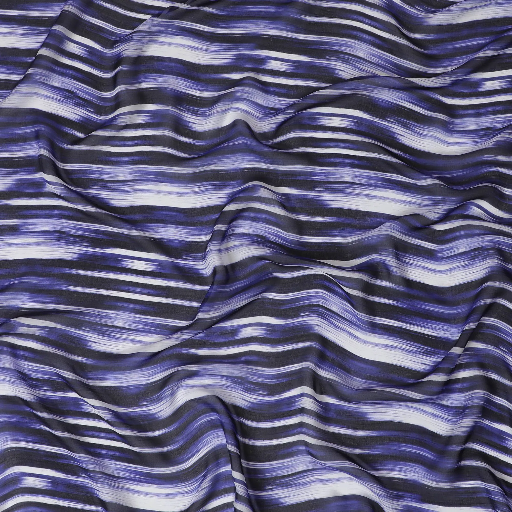 Royal blue Premium pure silk chiffon fabric with grey and black print in stripe design-D16987