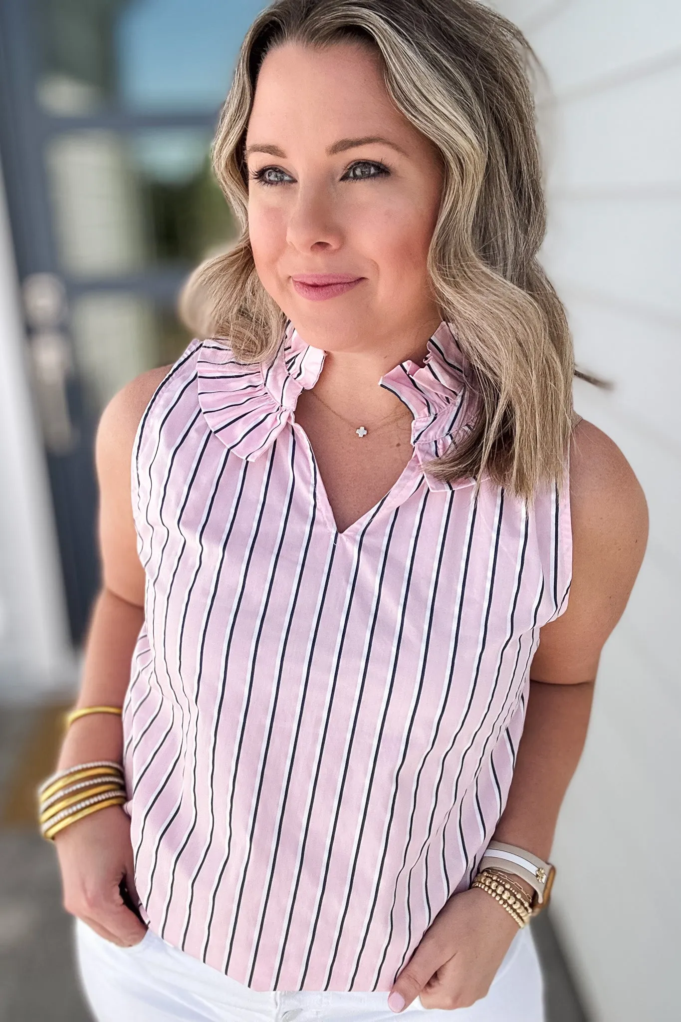 Ruffle Neck Stripe Tank - Pink