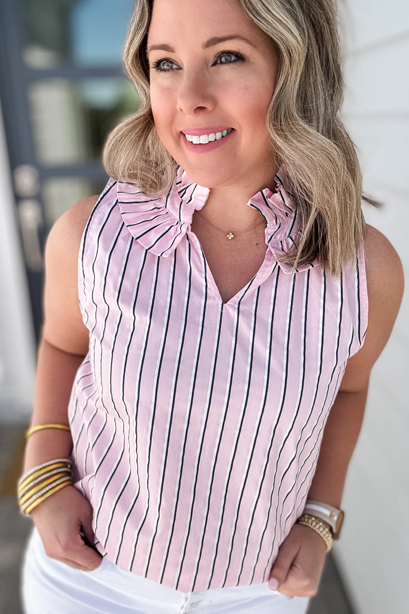 Ruffle Neck Stripe Tank - Pink