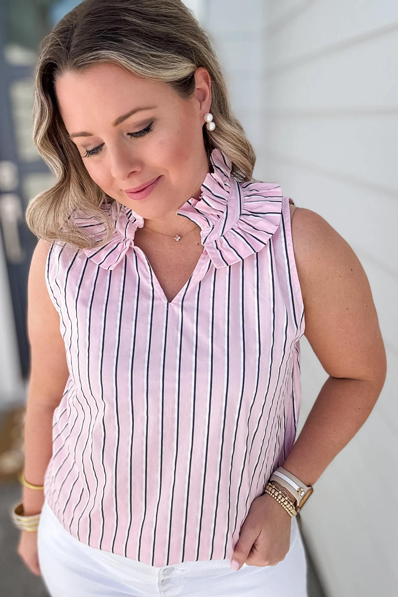 Ruffle Neck Stripe Tank - Pink