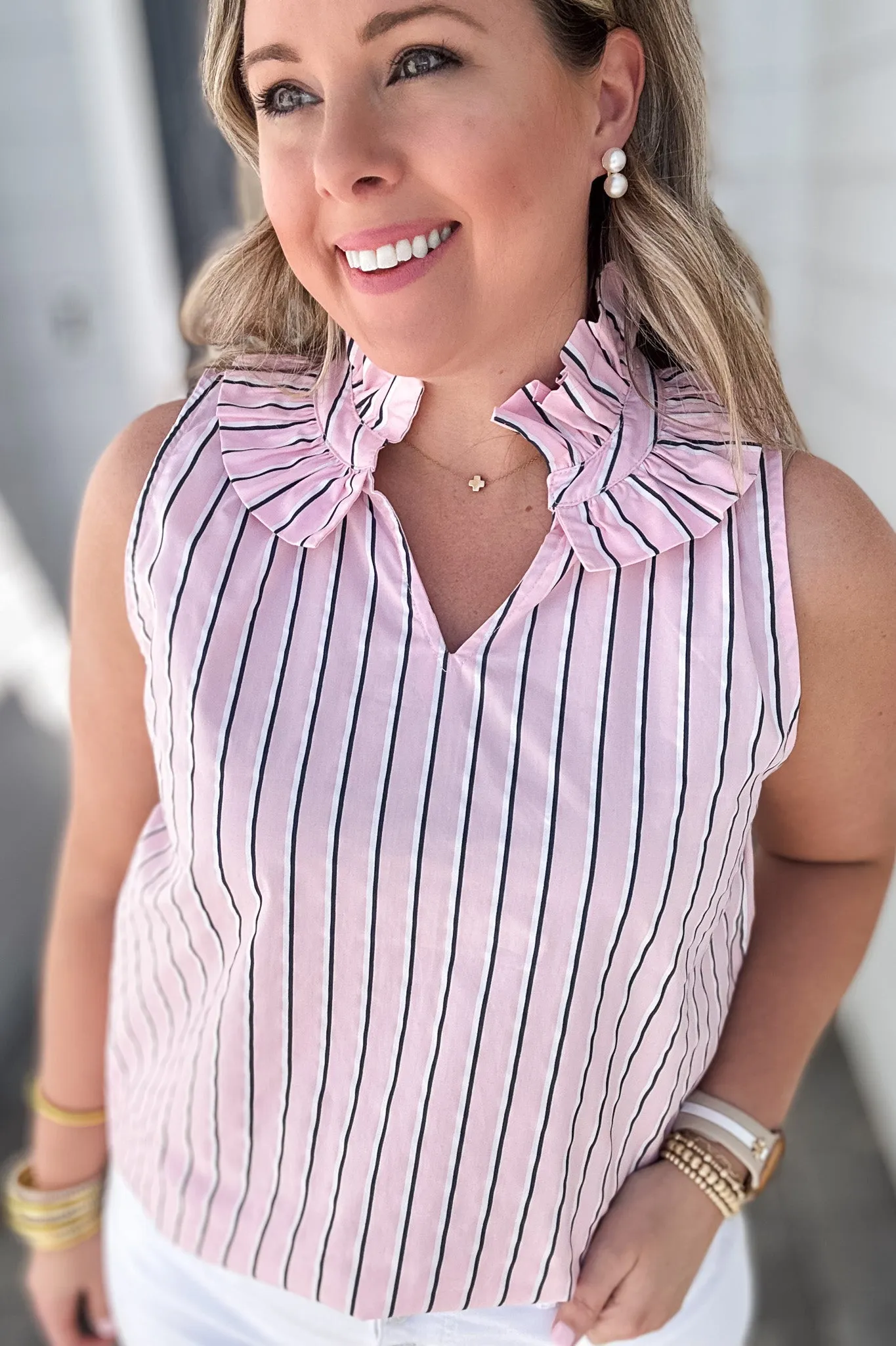 Ruffle Neck Stripe Tank - Pink