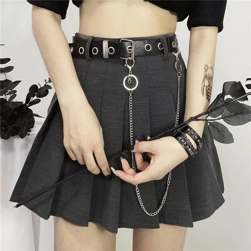 Sale Grunge Black High Waist Pleated Skirt With Chain Belt