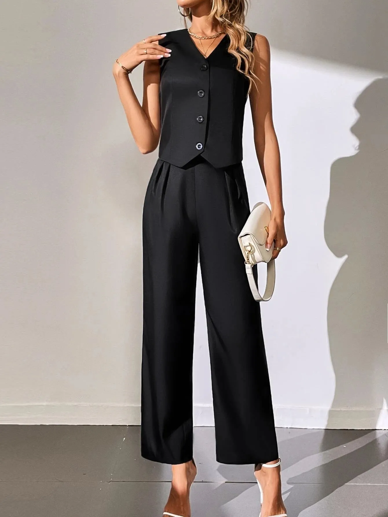 SHEIN Solid Button Front Blazer Vest & Suit Pants