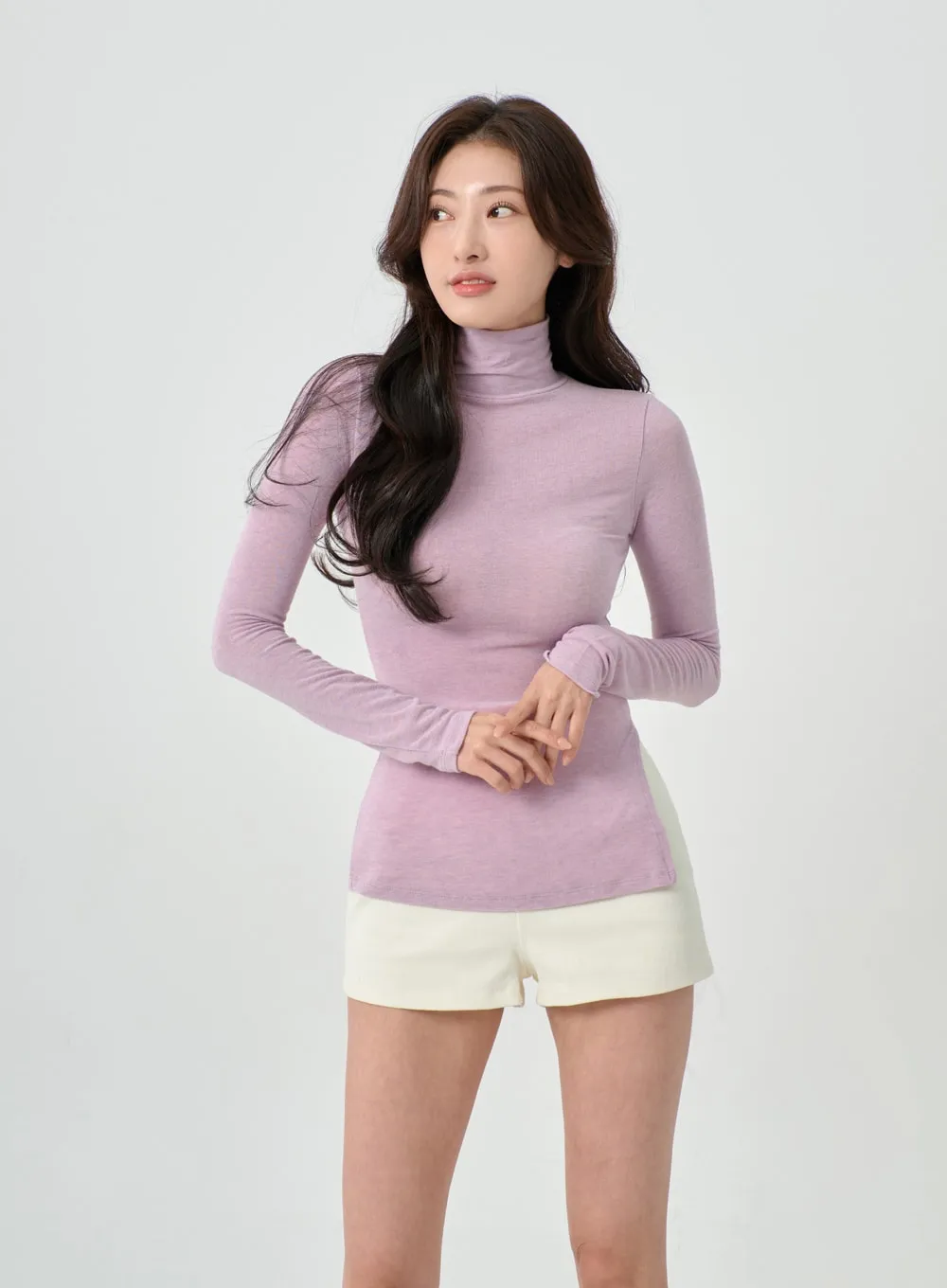 Side Cut Turtleneck Long Sleeve T-Shirt IO31