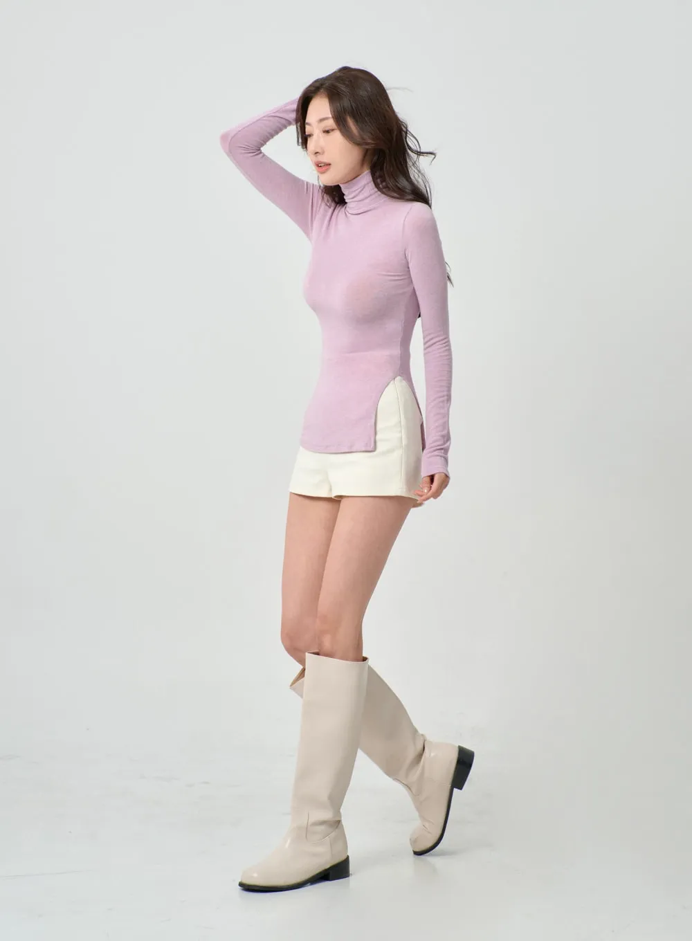 Side Cut Turtleneck Long Sleeve T-Shirt IO31