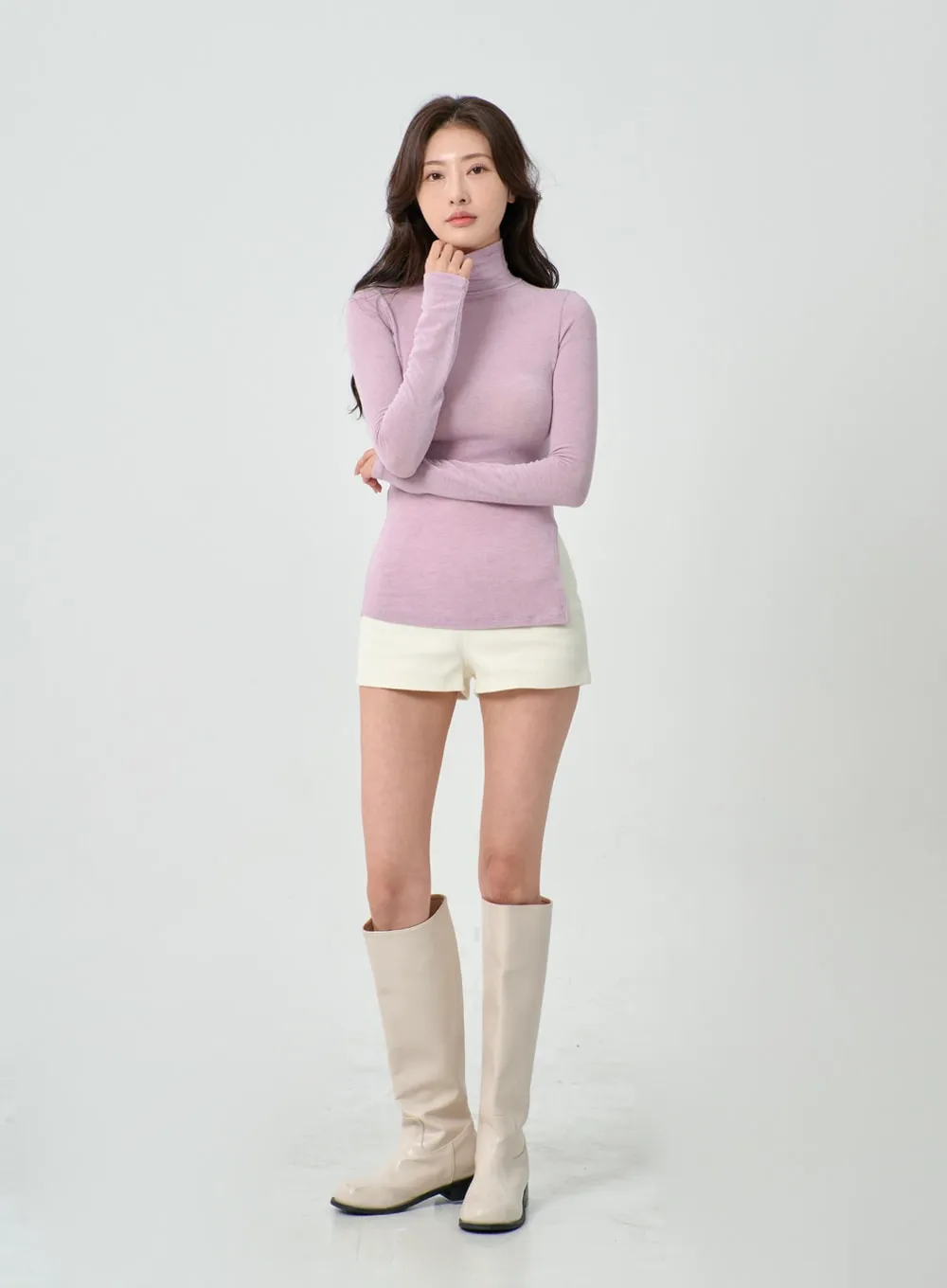 Side Cut Turtleneck Long Sleeve T-Shirt IO31