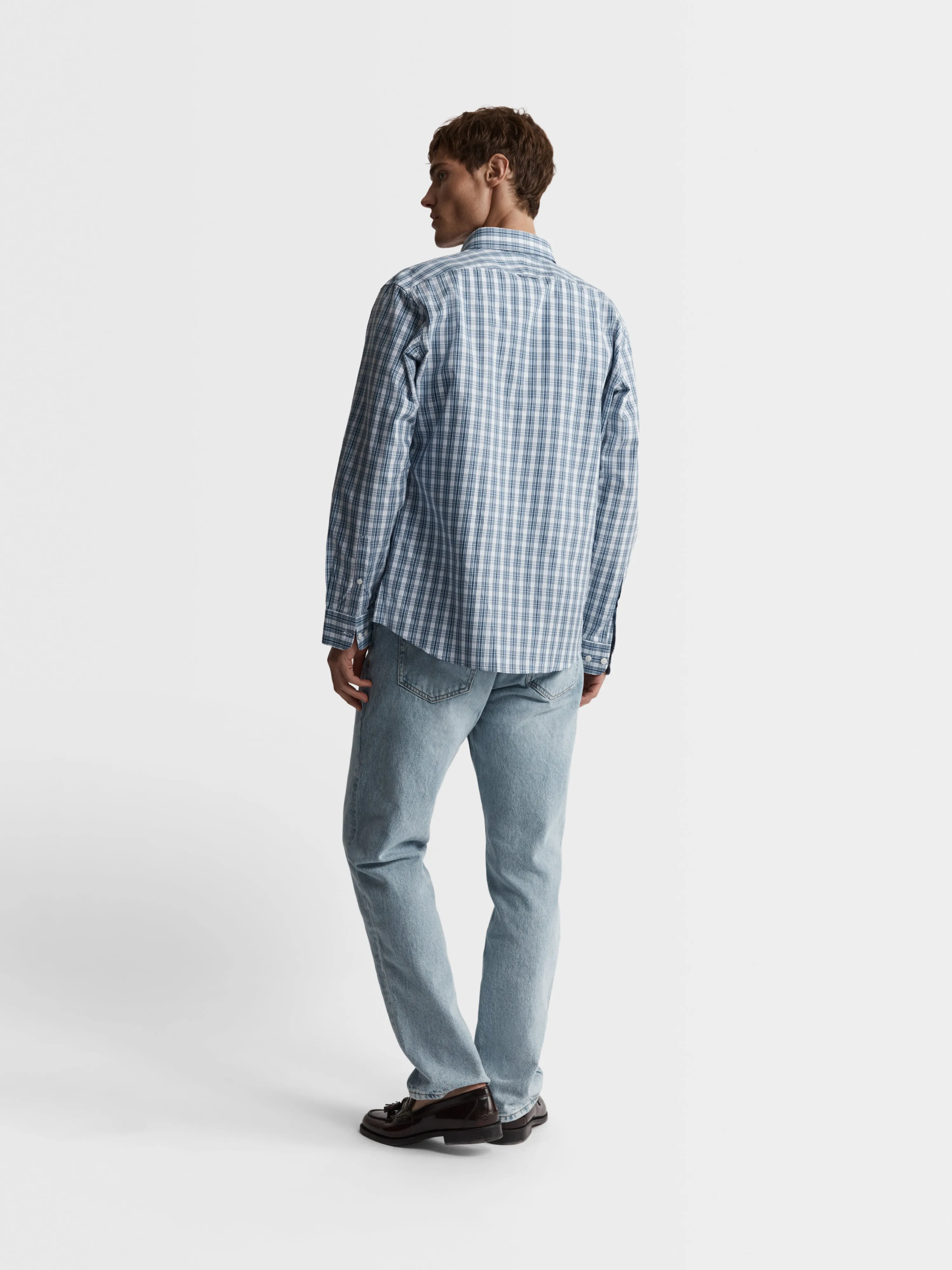 Slim Fit Blue and White Oxford Check Shirt