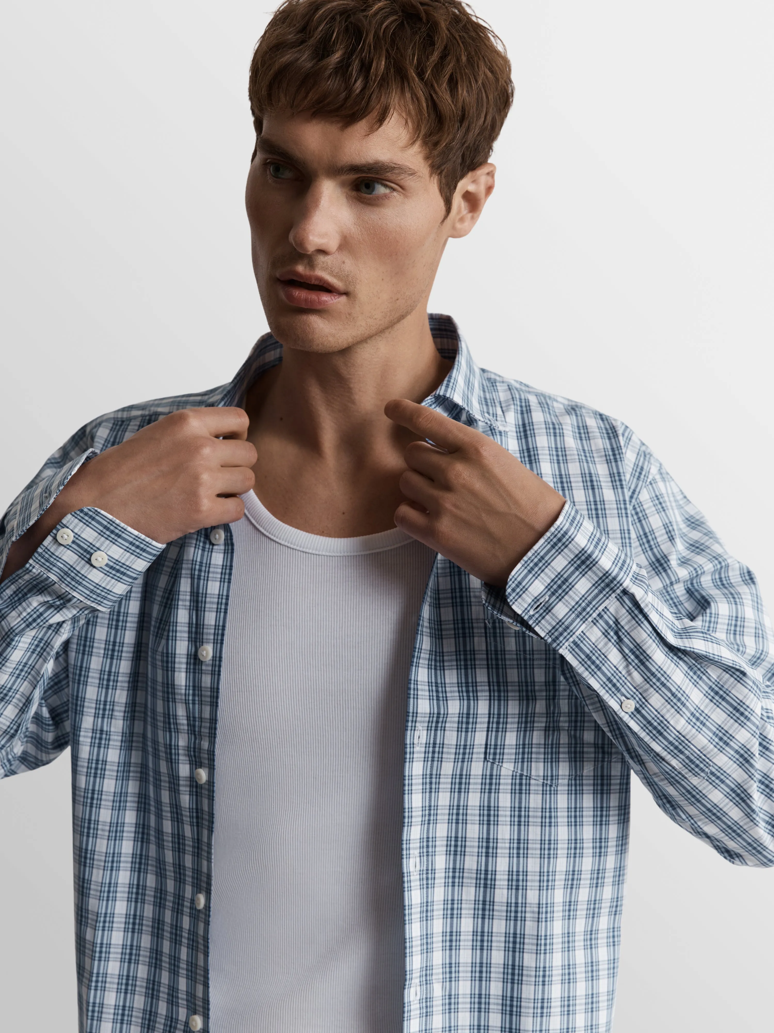 Slim Fit Blue and White Oxford Check Shirt