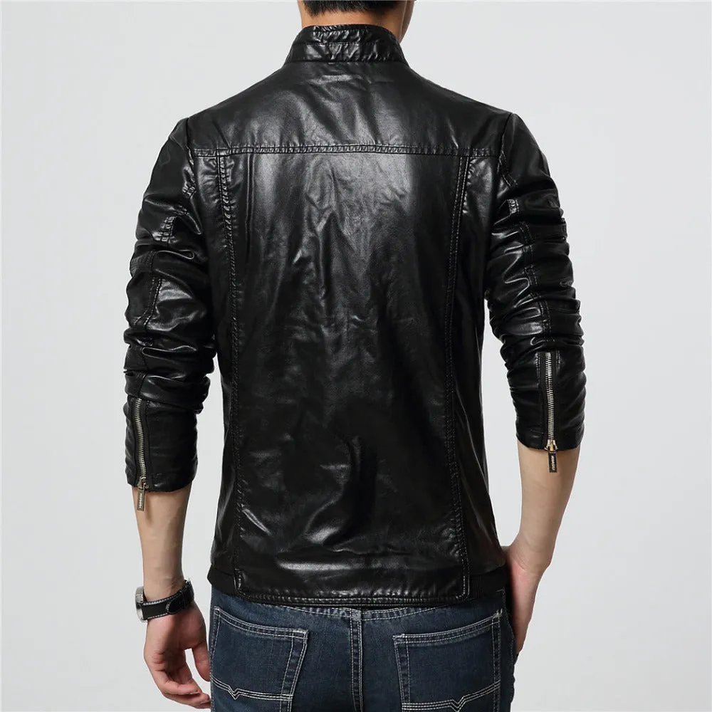 Solid Faux Leather Zipper Jacket