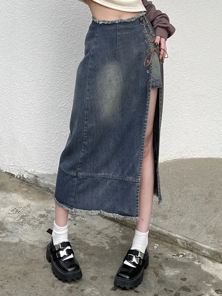 Streetwear Fashion Asymmetrical Patchwork Long Skirt Burr Lace Up Side Split Design Denim Skirt Women Retro Aesthetic