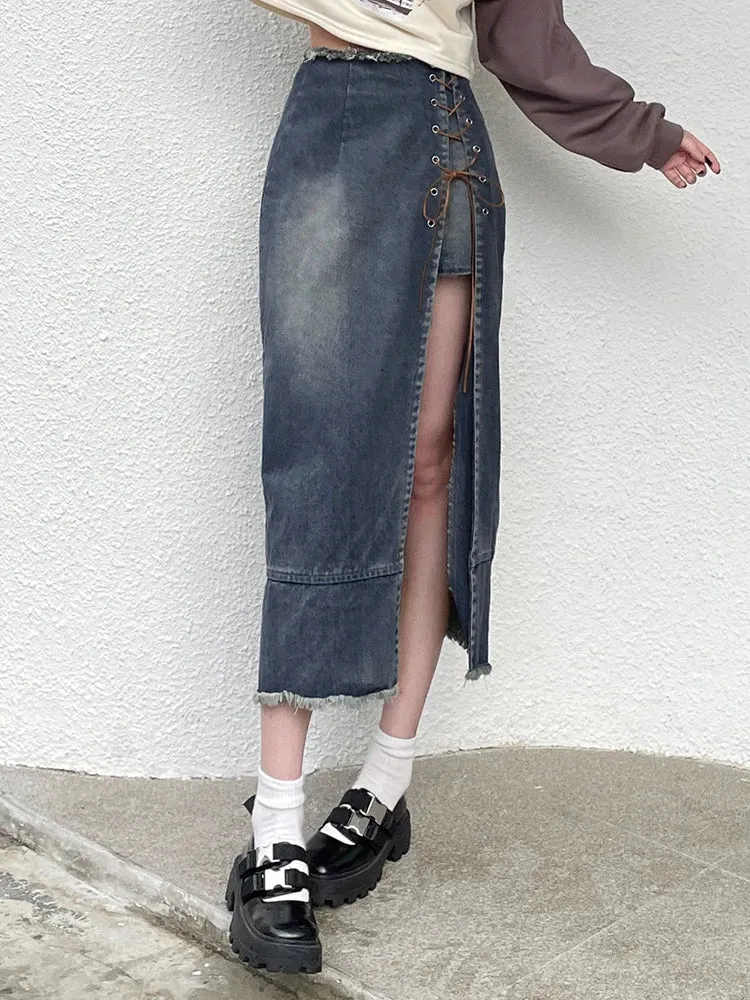 Streetwear Fashion Asymmetrical Patchwork Long Skirt Burr Lace Up Side Split Design Denim Skirt Women Retro Aesthetic