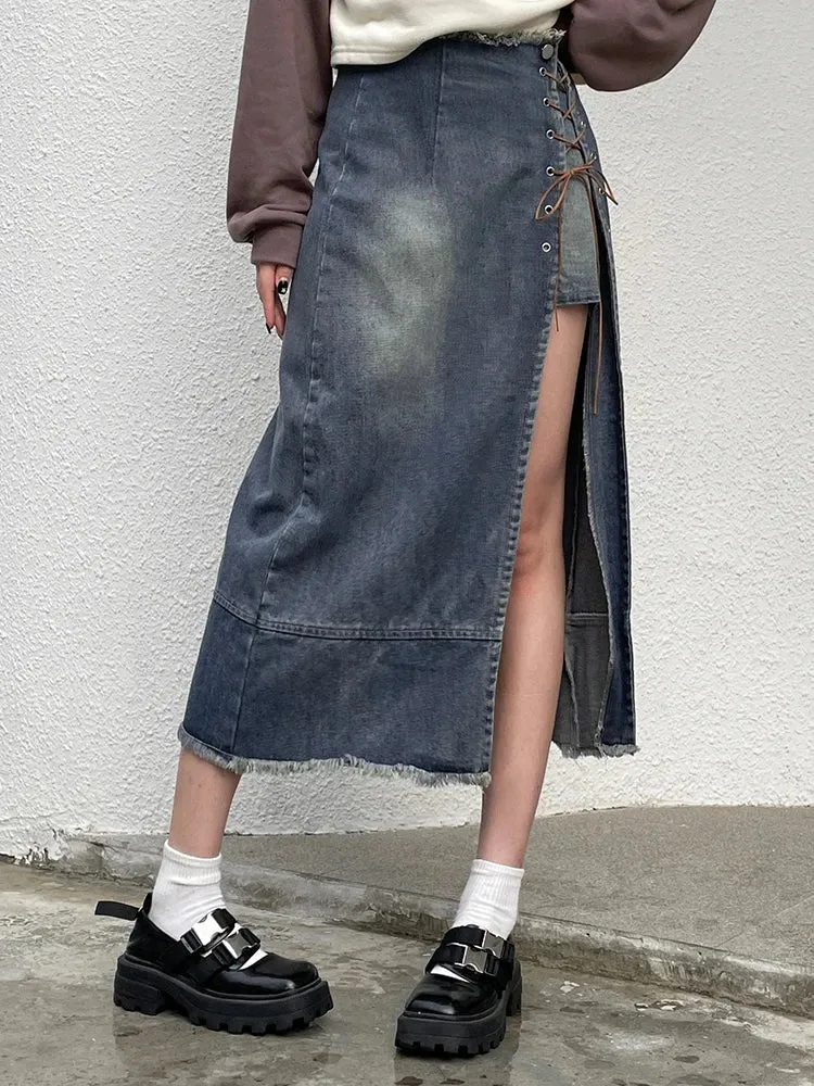 Streetwear Fashion Asymmetrical Patchwork Long Skirt Burr Lace Up Side Split Design Denim Skirt Women Retro Aesthetic