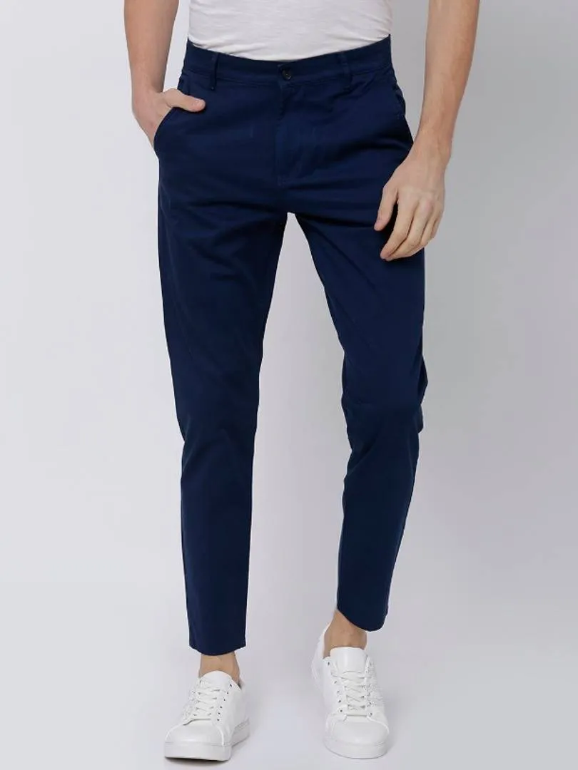 Stylish Cotton Navy Blue Solid Trouser For Men