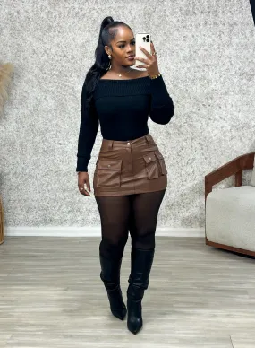 Tiara Cargo Leather Skirt (Brown)