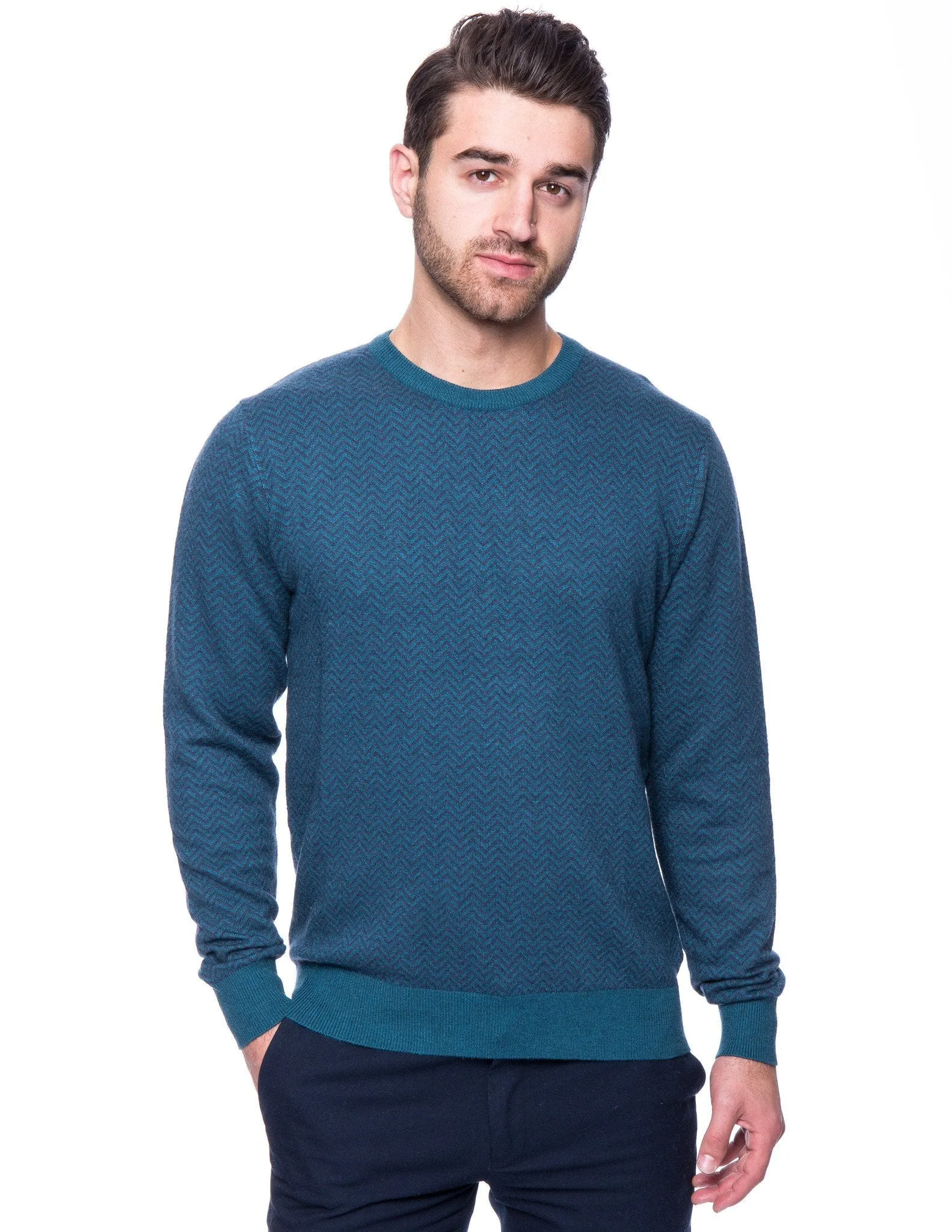 Tocco Reale Men's Cashmere Blend Crew Neck Sweater - Chevron Teal