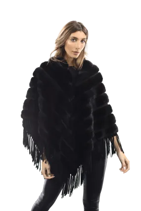 Tonal Ribbed Mink Poncho with Leather Fringes - Black