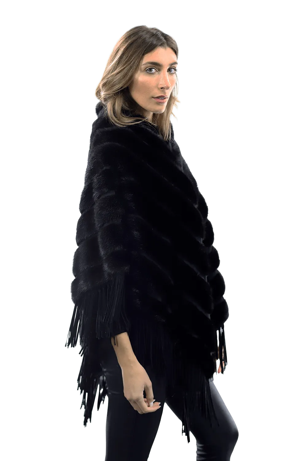 Tonal Ribbed Mink Poncho with Leather Fringes - Black