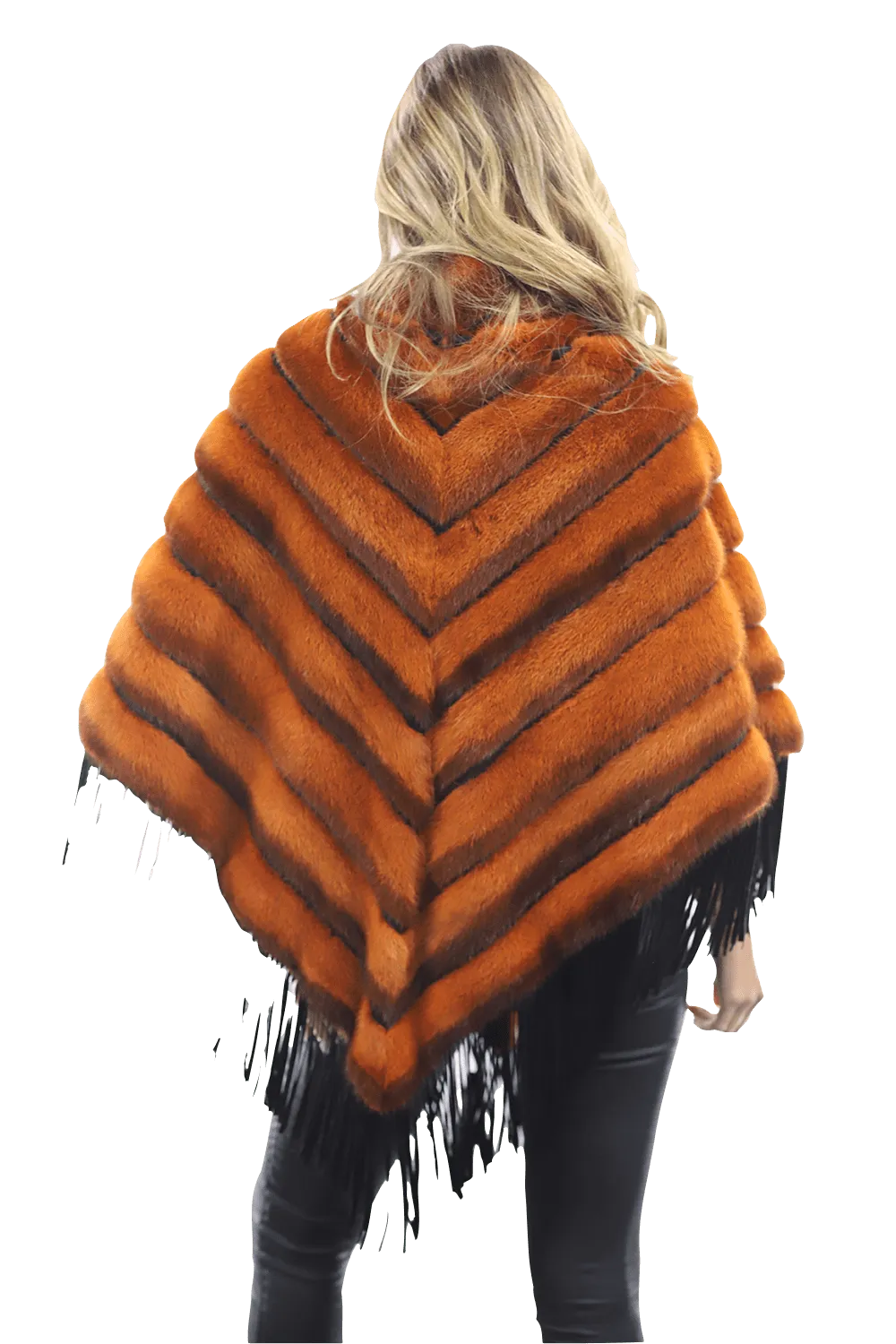 Tonal Ribbed Mink Poncho with Leather Fringes - Orange