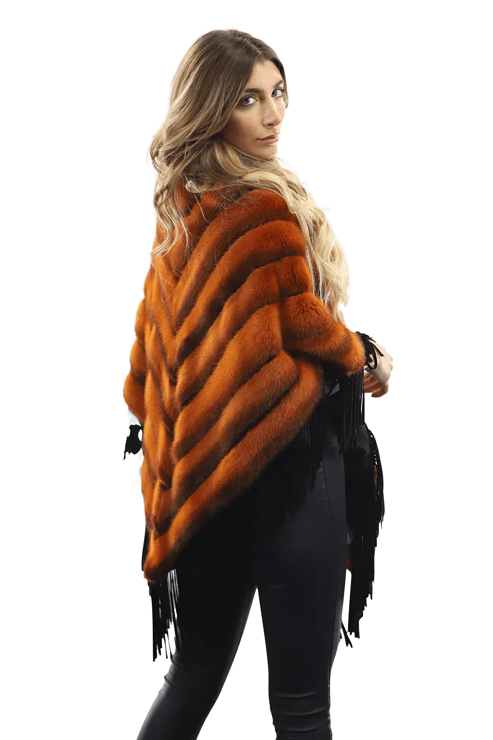 Tonal Ribbed Mink Poncho with Leather Fringes - Orange