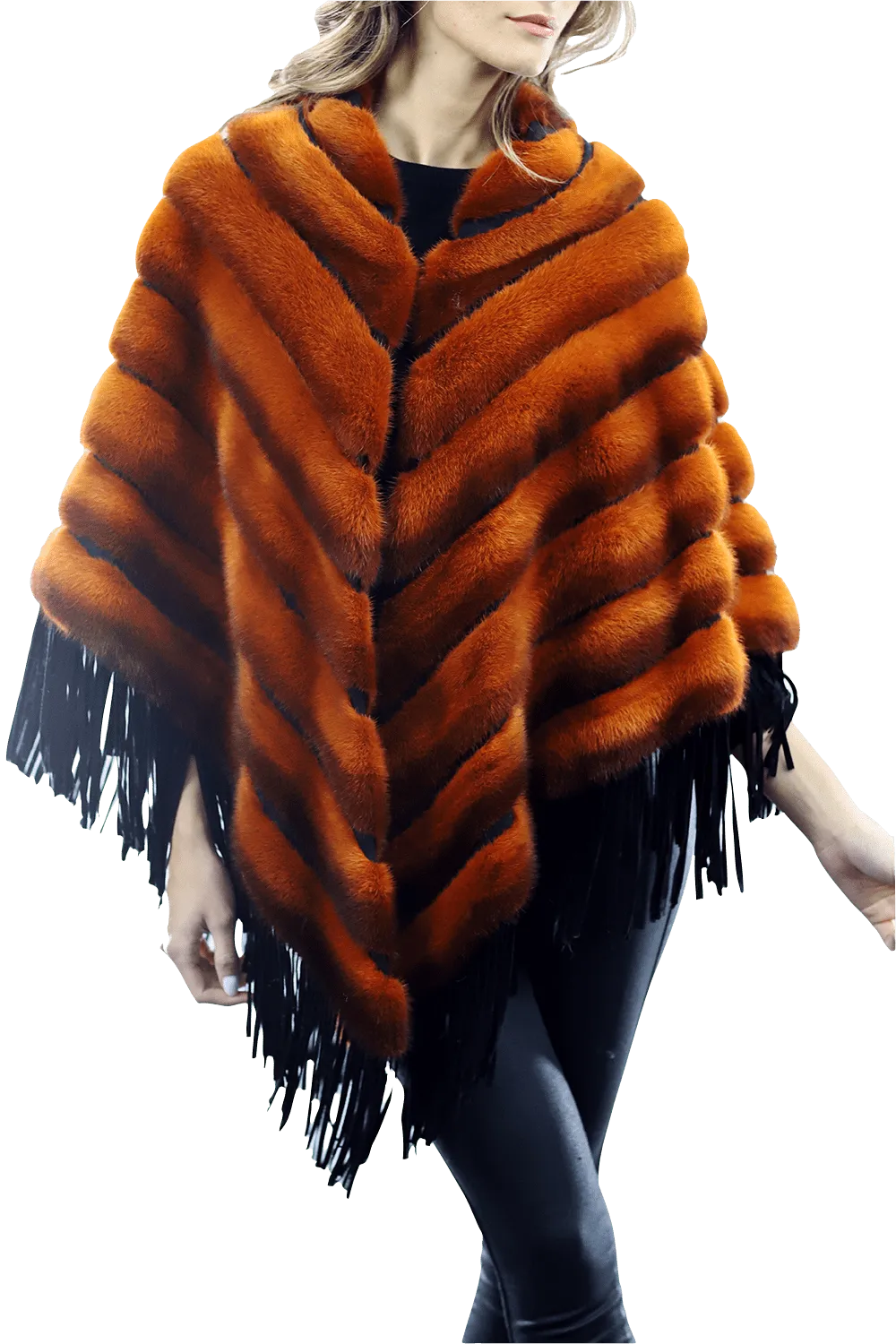 Tonal Ribbed Mink Poncho with Leather Fringes - Orange