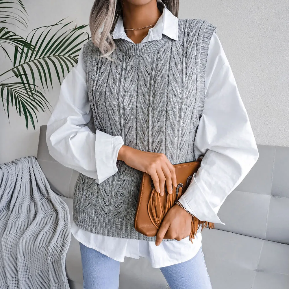 Trendy Crew Neck Textured Pointelle Cable Knit Pullover Sweater Vest