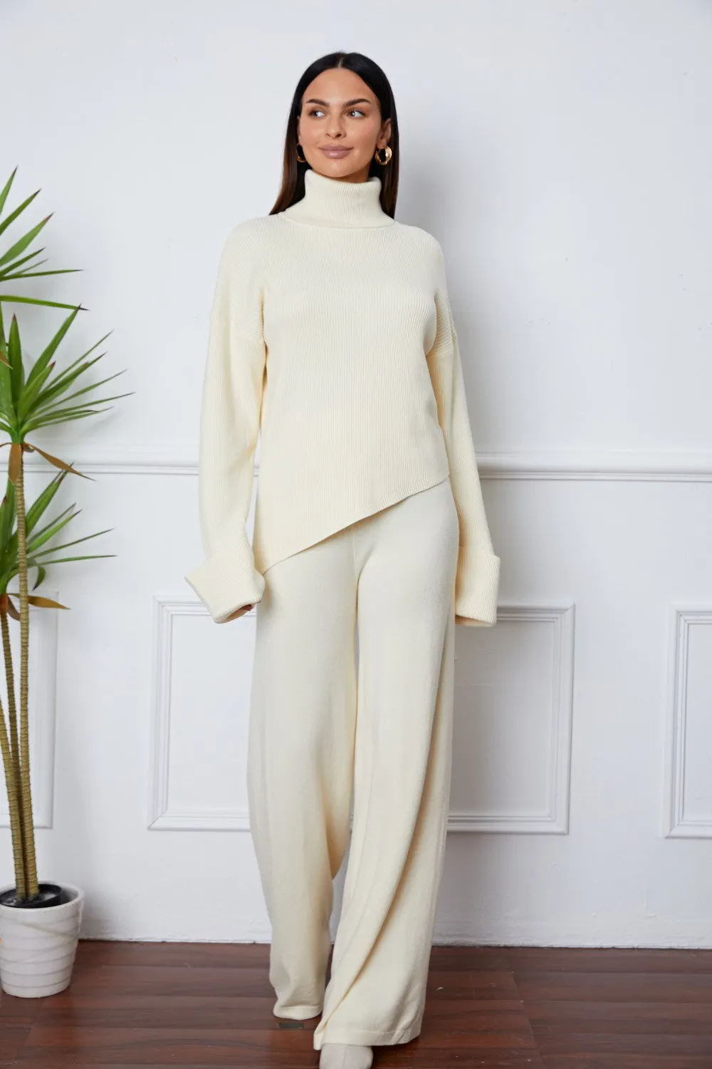 Turtleneck Dropped Shoulder Top and Pants Sweater Set