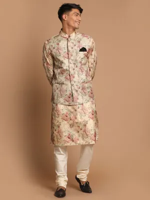 VASTRAMAY Beige Printed Nehru Jacket And kurta With Cream Solid Pyjama Set