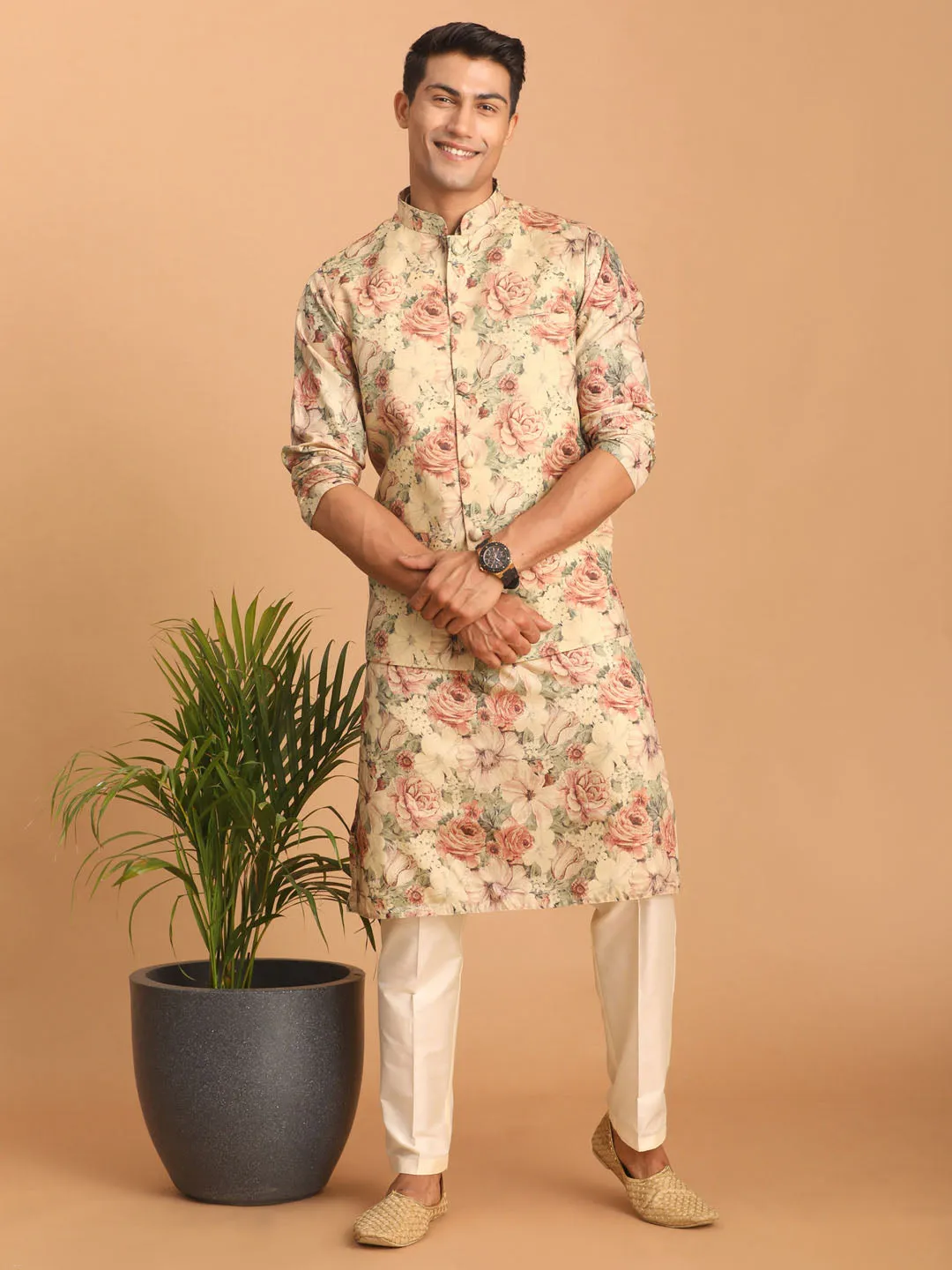 VASTRAMAY Beige Printed Nehru Jacket And kurta With Cream Solid Viscose Pant Set