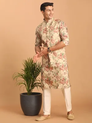 VASTRAMAY Beige Printed Nehru Jacket And kurta With Cream Solid Viscose Pant Set