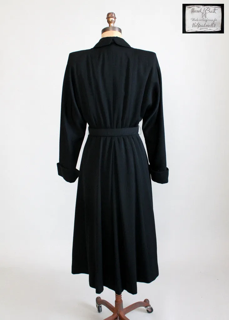 Vintage 1940s Black Wool Gabardine Princess Trench Coat