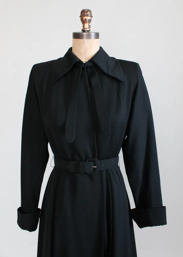 Vintage 1940s Black Wool Gabardine Princess Trench Coat