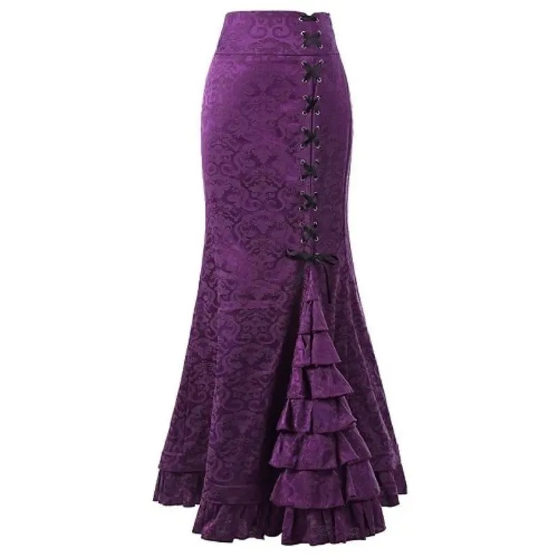 Vintage Asymmetric Floral Print Patchwork Lace-Up High Waist Gothic Long Skirts