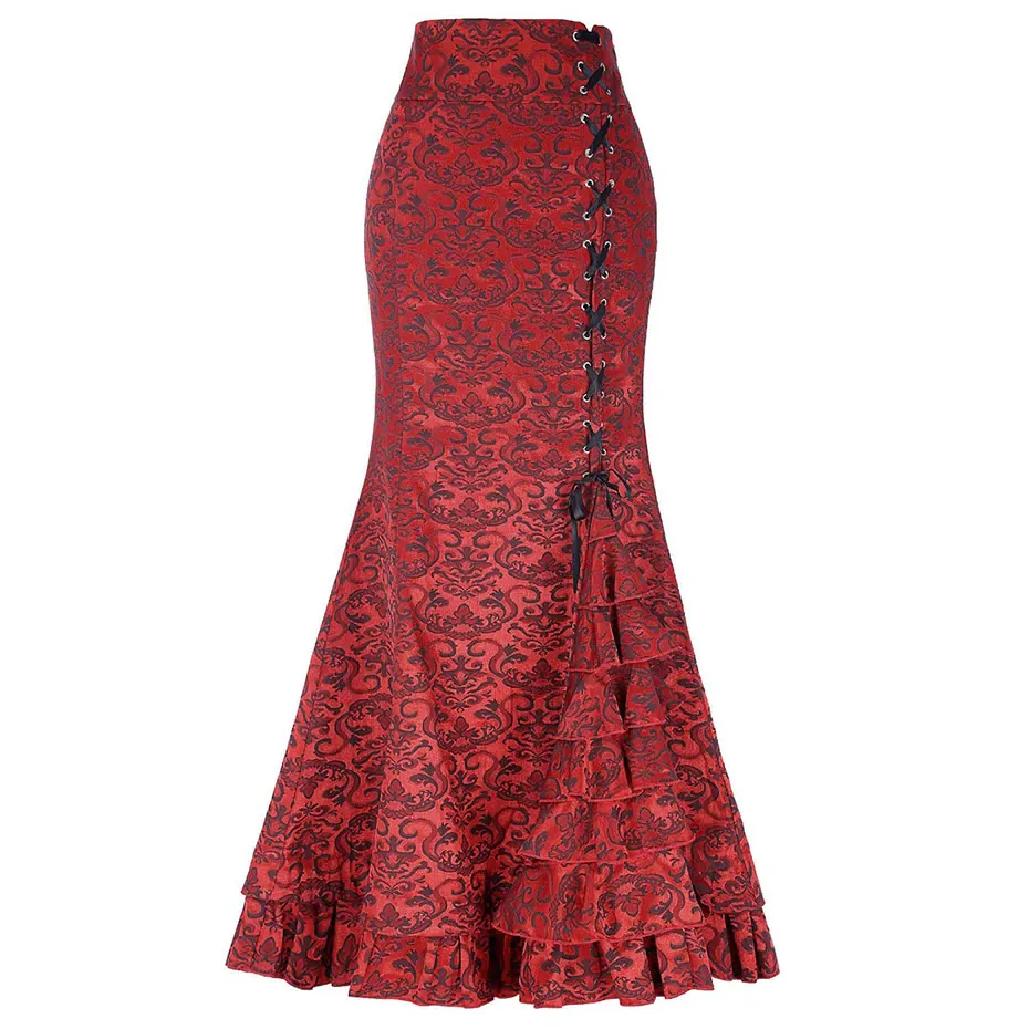 Vintage Asymmetric Floral Print Patchwork Lace-Up High Waist Gothic Long Skirts