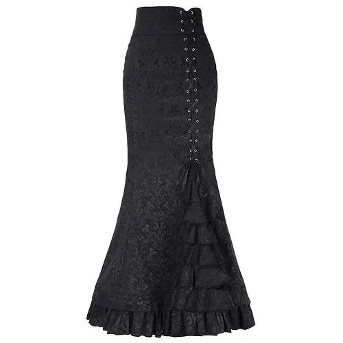 Vintage Asymmetric Floral Print Patchwork Lace-Up High Waist Gothic Long Skirts