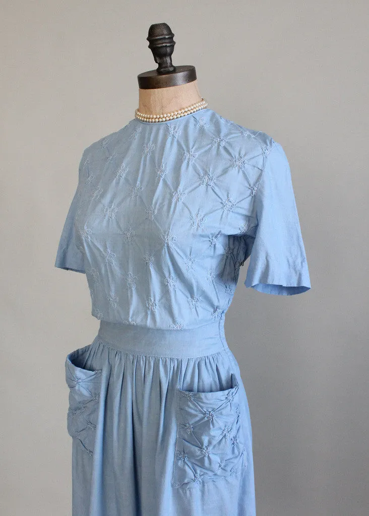 Vintage Early 1940s Blue Cotton Swing Dress