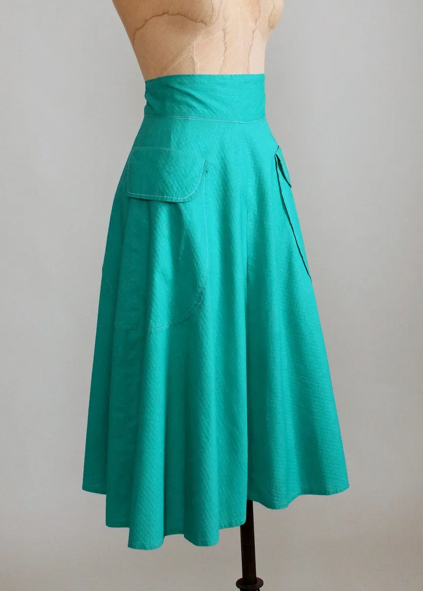 Vintage Early 1950s Teal Cotton Skirt with Pockets