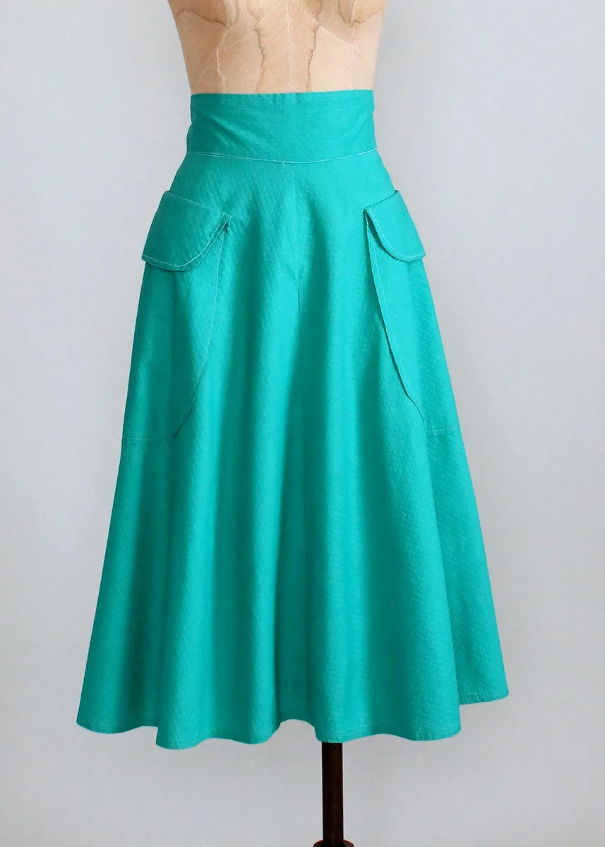 Vintage Early 1950s Teal Cotton Skirt with Pockets