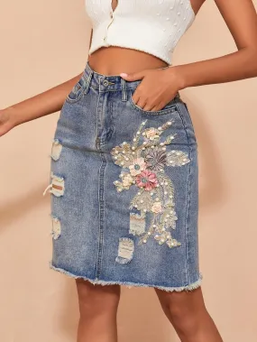 Vintage-Inspired Floral Embroidered Ripped Hem Denim Skirt for Women - Stylish High-Waisted Jeans Clothing with Raw Edge Detail - Soft, Comfortable, and Fashionable Denim Apparel for Everyday Wear