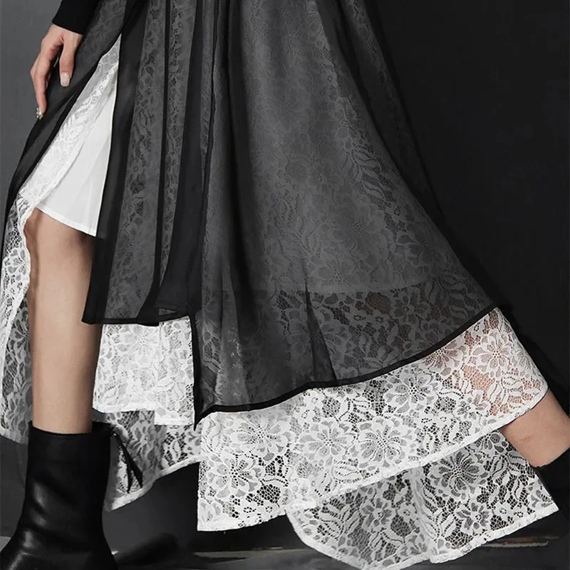 Vintage Patchwork Lace Skirt For Women High Waist Casual Ball Gown Skirts Female Fashion Clothing Style