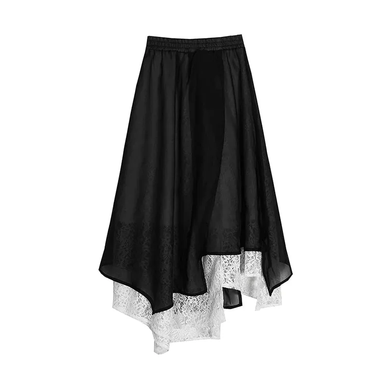 Vintage Patchwork Lace Skirt For Women High Waist Casual Ball Gown Skirts Female Fashion Clothing Style