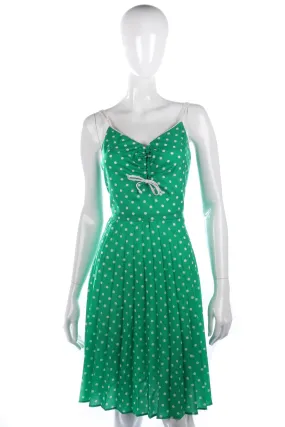 Vintage pleated 1970's green and white polkadot dress. UK size 8