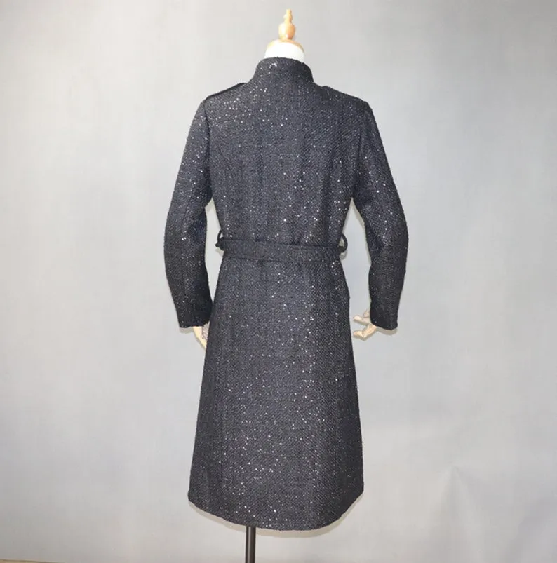 Women Designer Inspired Tweed Wool Blend Sequined Trench Coat Outwear Belted