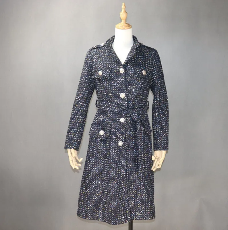 Women Designer Inspired Tweed Wool Blend Sequined Trench Coat Outwear Belted