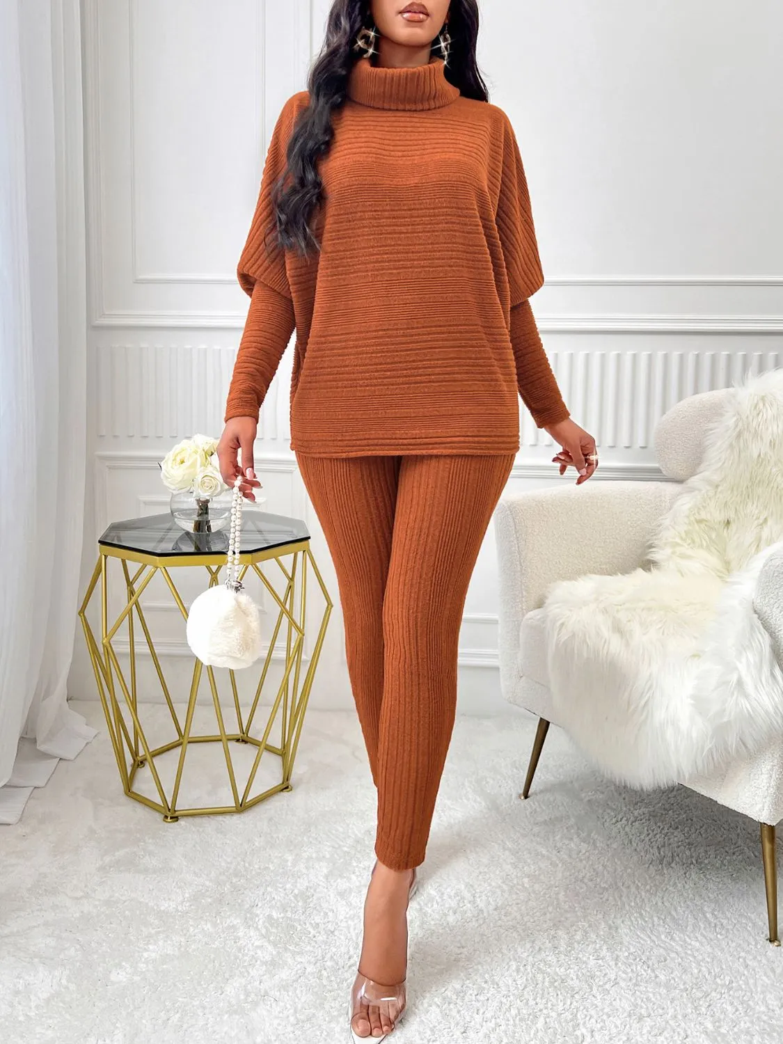 Women Knit Outfit Set 2 Pcs Terracotta Turtleneck Batwing Sleeve Top and Pants