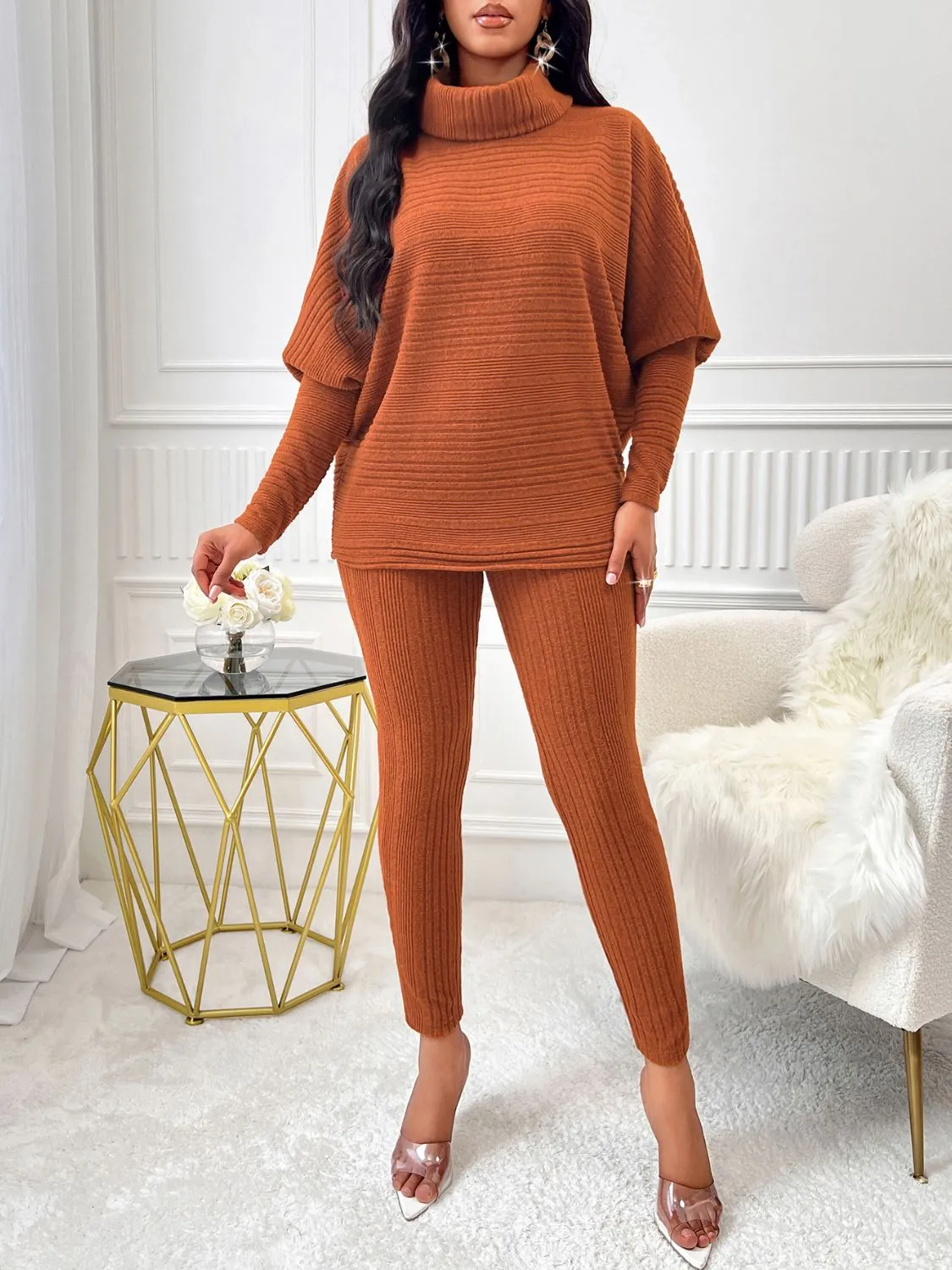 Women Knit Outfit Set 2 Pcs Terracotta Turtleneck Batwing Sleeve Top and Pants