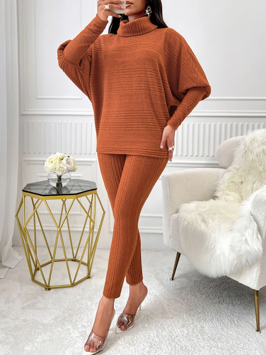 Women Knit Outfit Set 2 Pcs Terracotta Turtleneck Batwing Sleeve Top and Pants