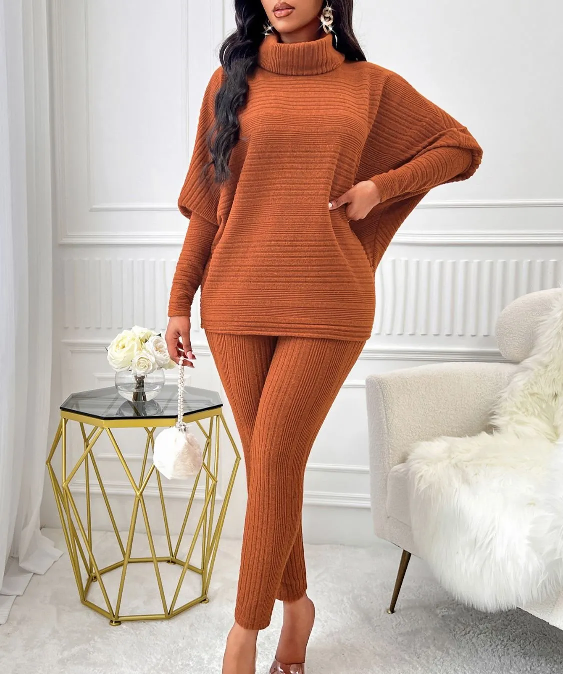 Women Knit Outfit Set 2 Pcs Terracotta Turtleneck Batwing Sleeve Top and Pants