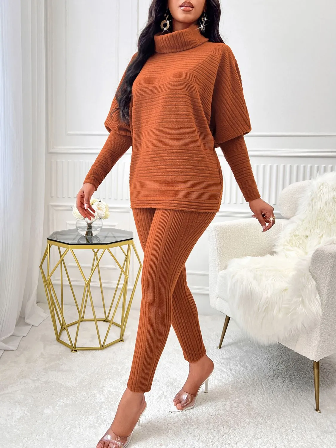 Women Knit Outfit Set 2 Pcs Terracotta Turtleneck Batwing Sleeve Top and Pants