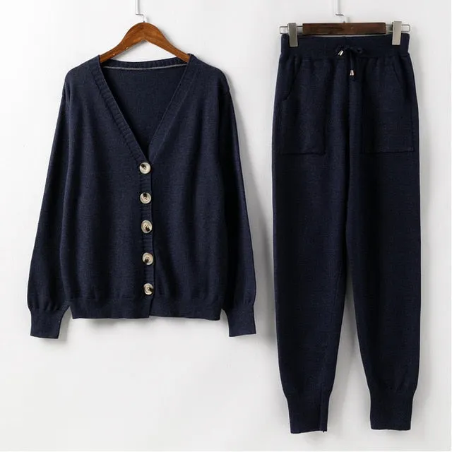 Women Knitted Tracksuit Turtleneck Sweater Casual Suit 2 Pcs Set Pant Suit